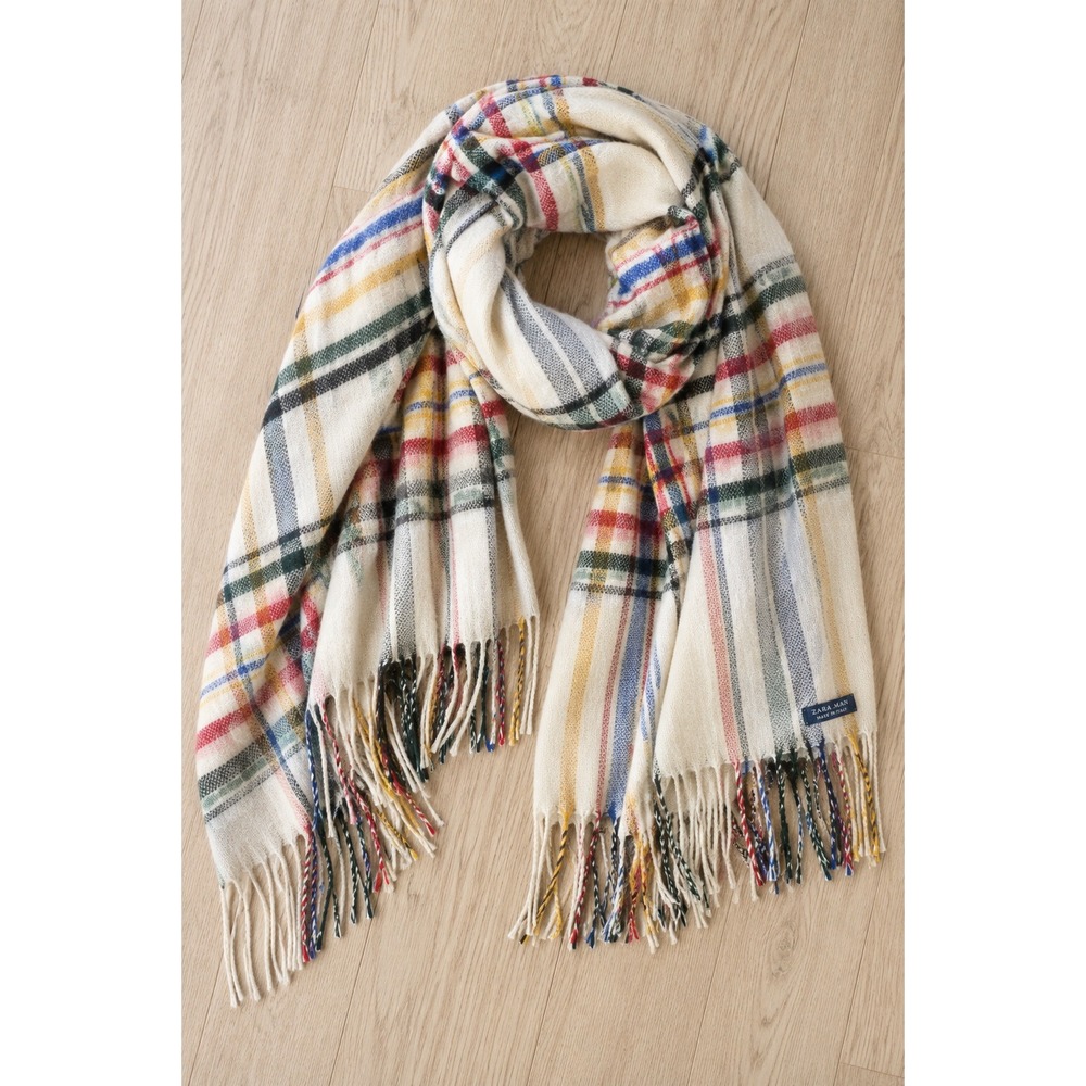 Zara Man Italy Plaid Blanket Scarf White Multicolor Oversized Wrap Fringe Shawl